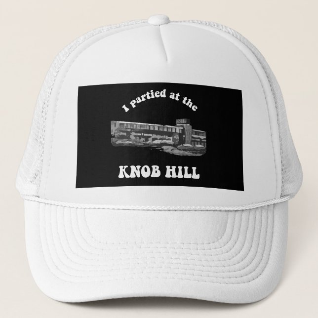 Knob Hill Trucker Cap- White on Black Trucker Hat (Front)