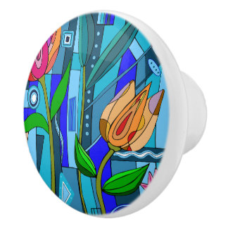 Knob home flower art blue mosaic pink