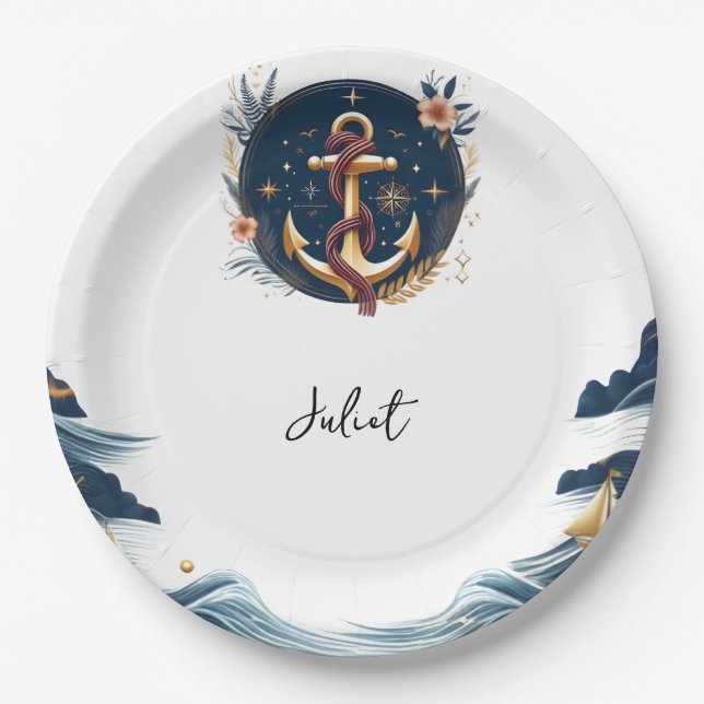 Knot Boat Ship Navy Blue Nautical Bridal Shower Paper Plate (Front)