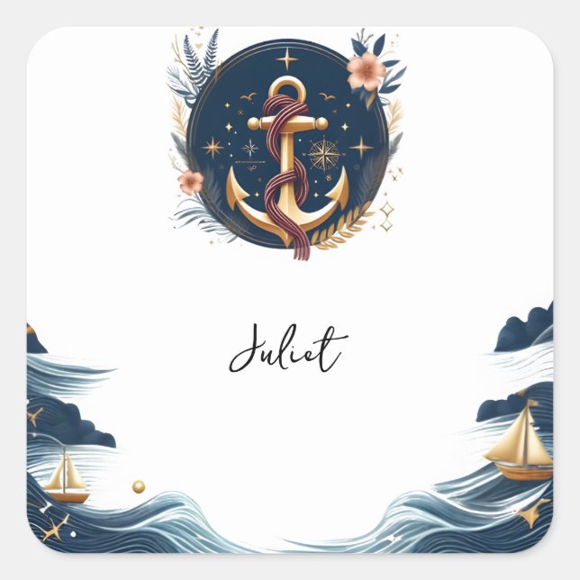 Knot Boat Ship Navy Blue Nautical Bridal Shower Square Sticker (Front)