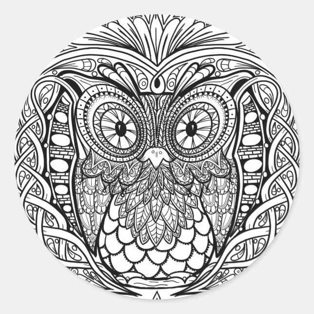 Knotted Mandala Owl Black and White Classic Round Sticker (Front)