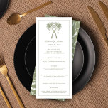 Knotted Palm Trees Modern Classic Tropical Wedding Menu<br><div class="desc">Tropical Knotted Palm Trees Khaki Moss Green Beach Wedding / Destination Wedding Suite Design - Dinner / Lunch Menu Card. This tropical themed design features a simple but unique illustration of two palm tree silhouettes tied together in a knot. This modern design is perfect for a beach wedding, a tropical...</div>