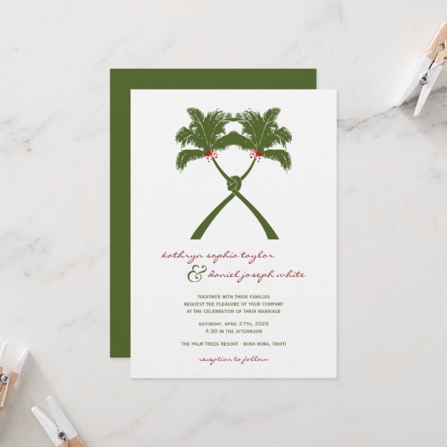 Knotted Palm Trees Red Love Tropical Beach Wedding Invitation (Front/Back In Situ)