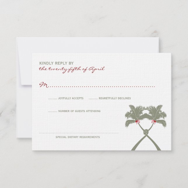 Knotted Palm Trees Red Love Tropical Beach Wedding RSVP Card (Front)