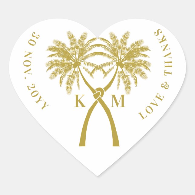 Knotted Palm Trees Tropical Destination Wedding Heart Sticker (Front)