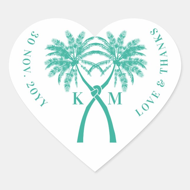 Knotted Palm Trees Tropical Destination Wedding Heart Sticker (Front)