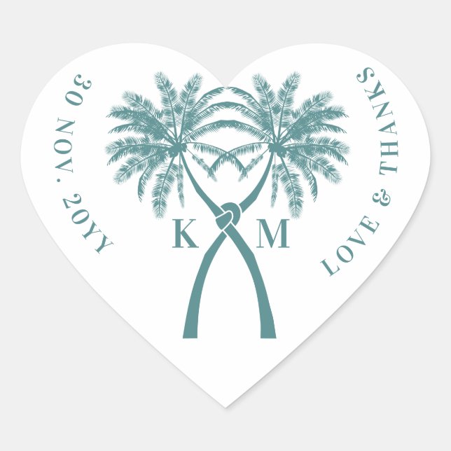 Knotted Palm Trees Tropical Destination Wedding Heart Sticker (Front)