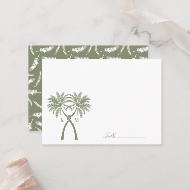 Knotted Palm Trees Tropical Destination Wedding Place Card (Front/Back In Situ)