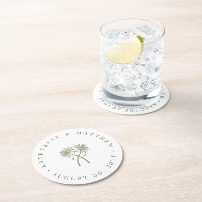 Knotted Palm Trees Tropical Destination Wedding Round Paper Coaster (Insitu)