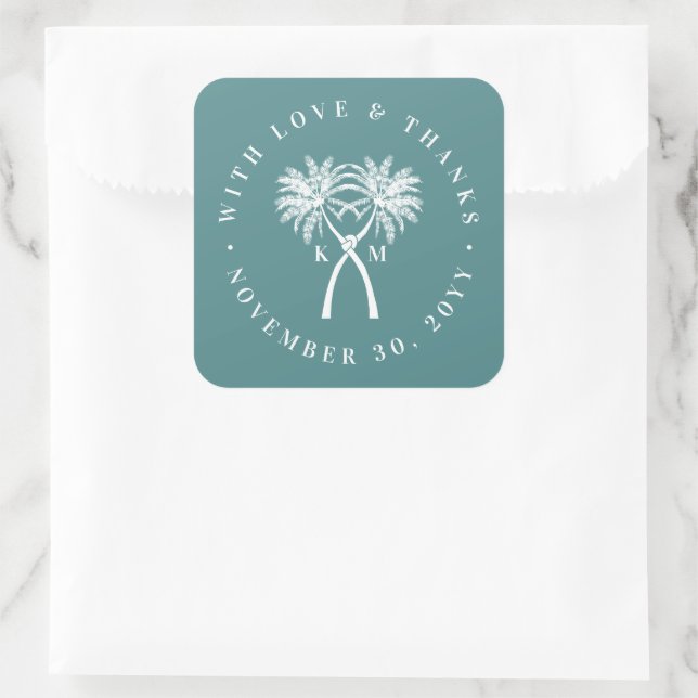 Knotted Palm Trees Tropical Destination Wedding Square Sticker (Bag)