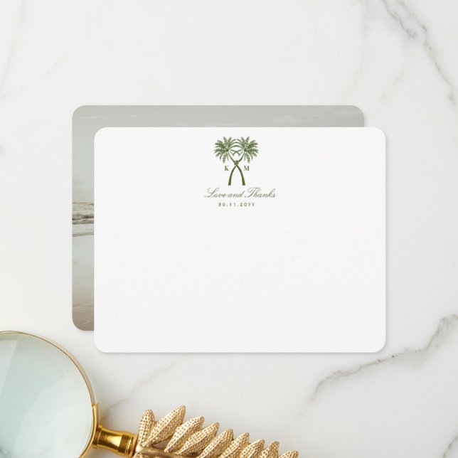 Knotted Palm Trees Tropical Destination Wedding Thank You Card (Front/Back In Situ)