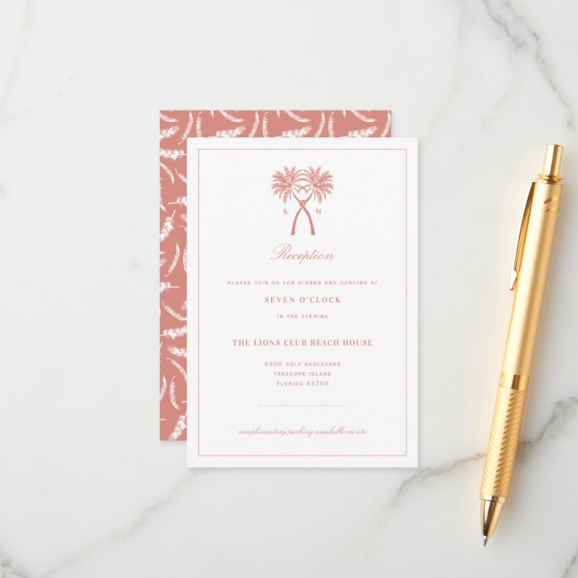 Knotted Palm Trees Tropical Wedding Reception Enclosure Card (Front/Back In Situ)