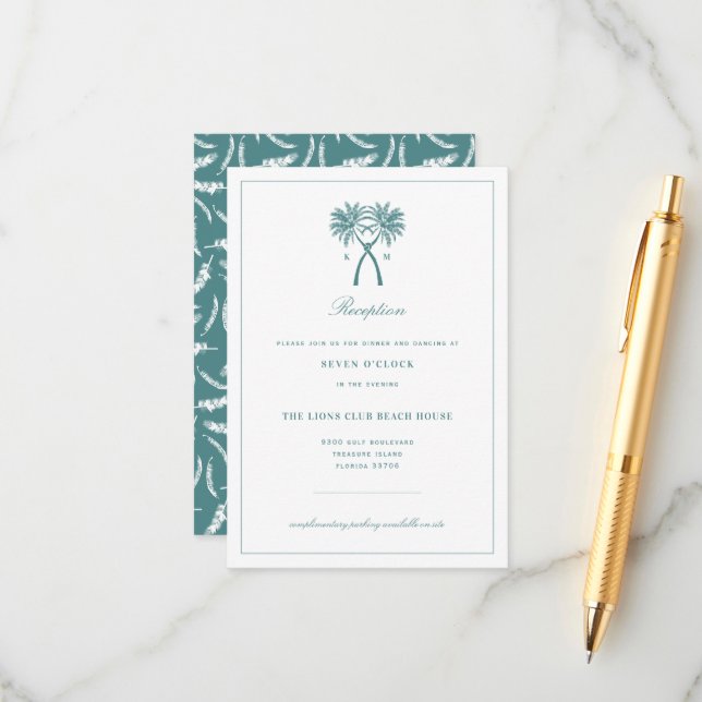 Knotted Palm Trees Tropical Wedding Reception Enclosure Card (Front/Back In Situ)