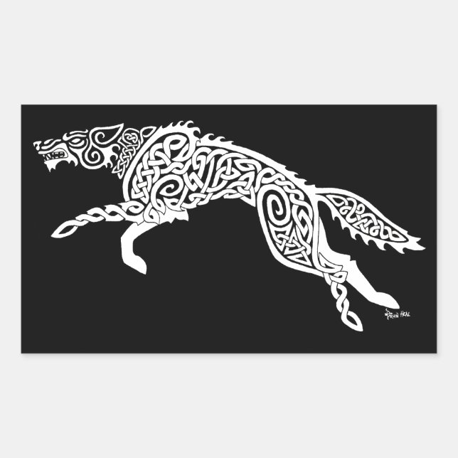 Knotwork Wolf, White on Black Sticker (Front)