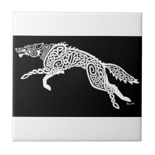 Knotwork Wolf, White on Black Tile