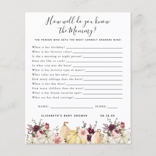 Know The Mommy | Baby Shower Game (Front)