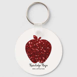 Knowledge Ninja Faux Glitter Red Apple Teacher Keychain