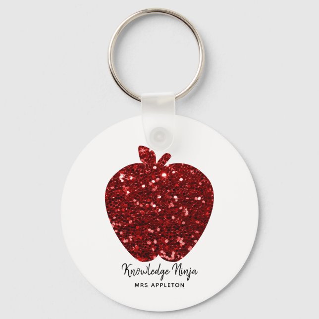 Knowledge Ninja Faux Glitter Red Apple Teacher Keychain (Front)