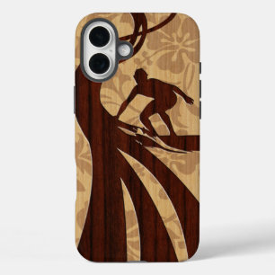 Koa Wood Surfer Faux Wood Surfboard iPhone 16 Plus Case