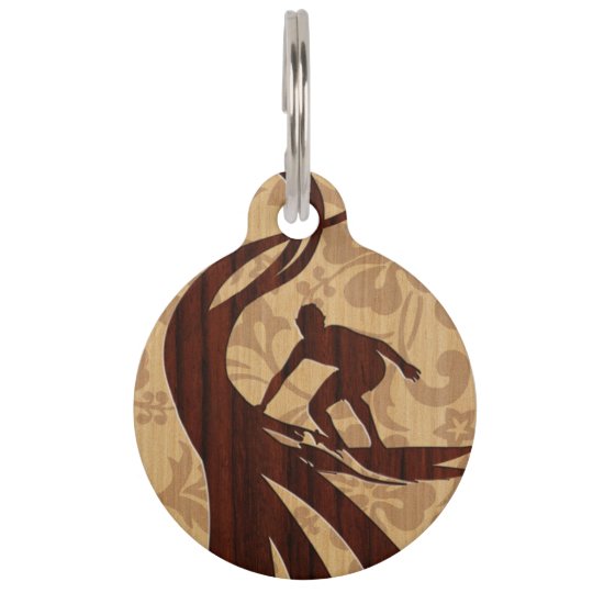 Koa Wood Surfer Faux Wood Surfboard Pet Name Tag