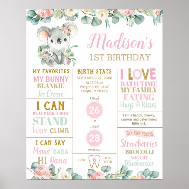 Koala 1st Birthday Milestone Birth Stats Floral  Poster (Front)