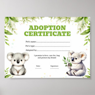 Koala adopt a pet colouring certificate poster