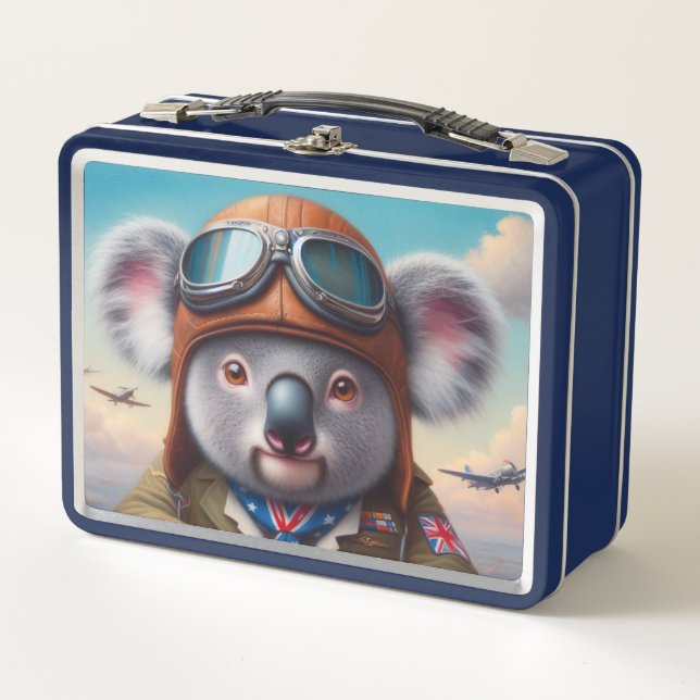 Koala Airplane Pilot Metal Lunch Box (Front)