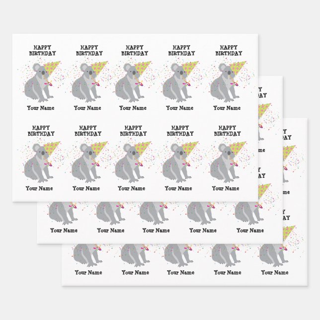 Koala - Animals Having a Party Boys Girls Name Wrapping Paper Sheet (Set)