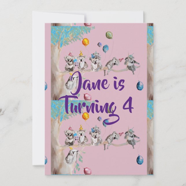 Koala Art Watercolour Girls Birthday Invitation (Front)