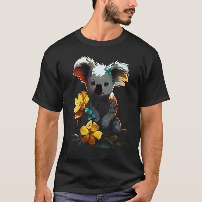 Koala Artwork  Flowers Animal Motif Koala T-Shirt (Front)