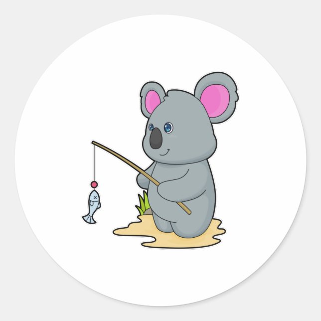 Koala as Fisher with Fishing rod & Fish Classic Round Sticker (Front)
