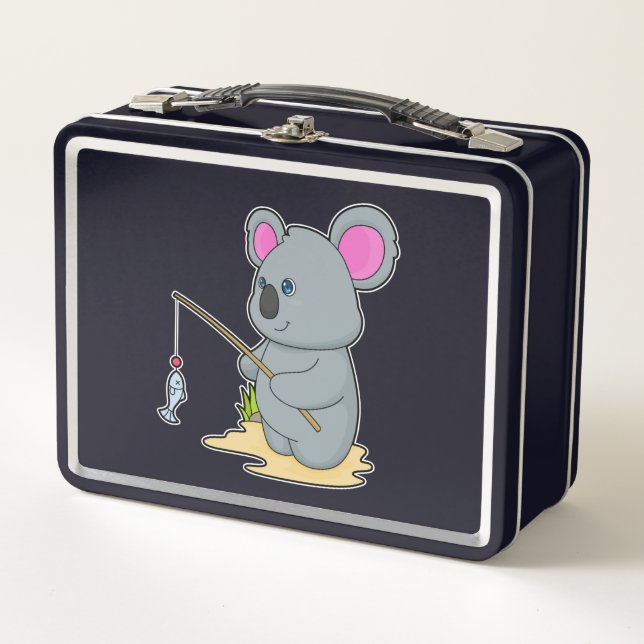 Koala as Fisher with Fishing rod & Fish Metal Lunch Box (Front)