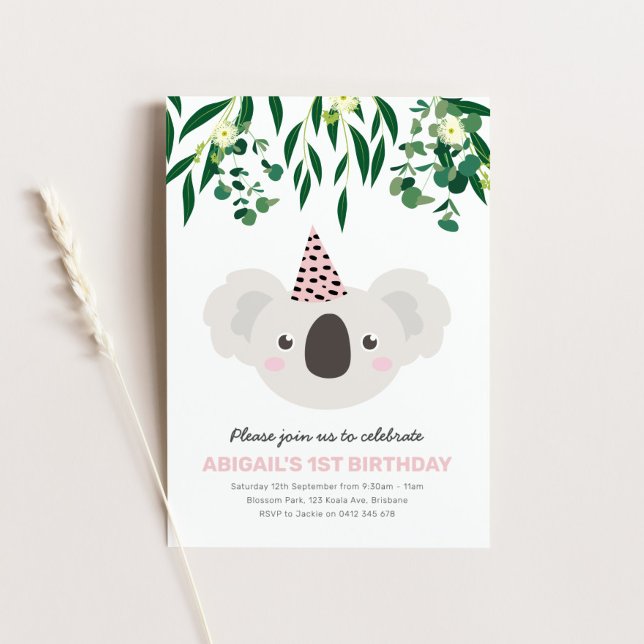 Koala Avec Casquette Rose Party Invitation Anniver (Créateur téléchargé)