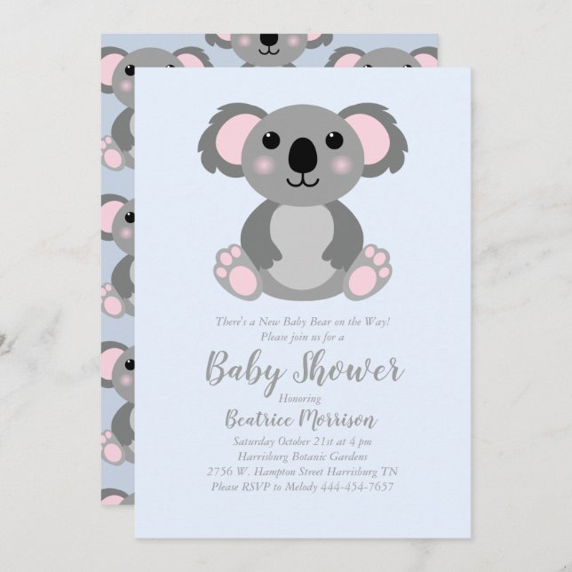 Koala Bear Baby Shower Blue Boy Invitation (Front/Back)