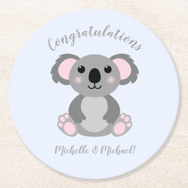 Koala Bear Baby Shower Blue Round Paper Coaster (Front)