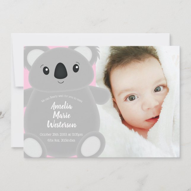 Koala Bear Baby Shower Girl Invitation (Front)