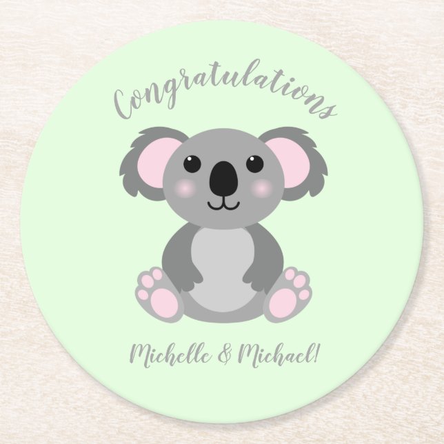Koala Bear Baby Shower Green Gender Neutral Round Paper Coaster (Front)