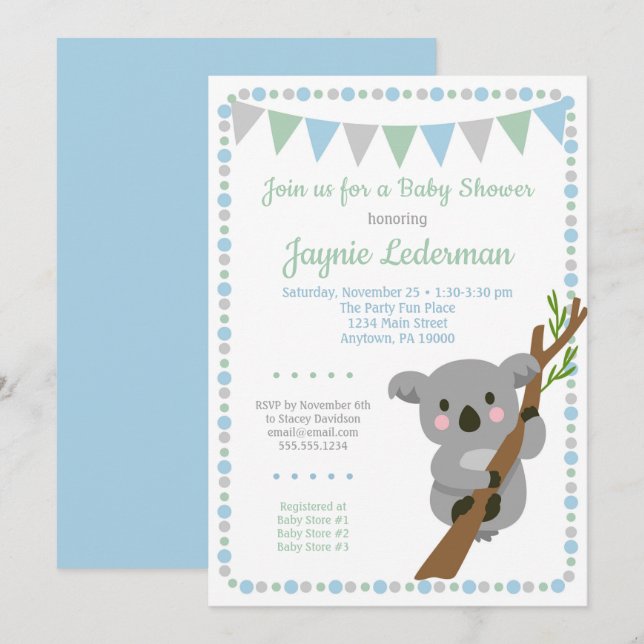 Koala Bear Baby Shower Invitation Blue Mint Boys (Front/Back)