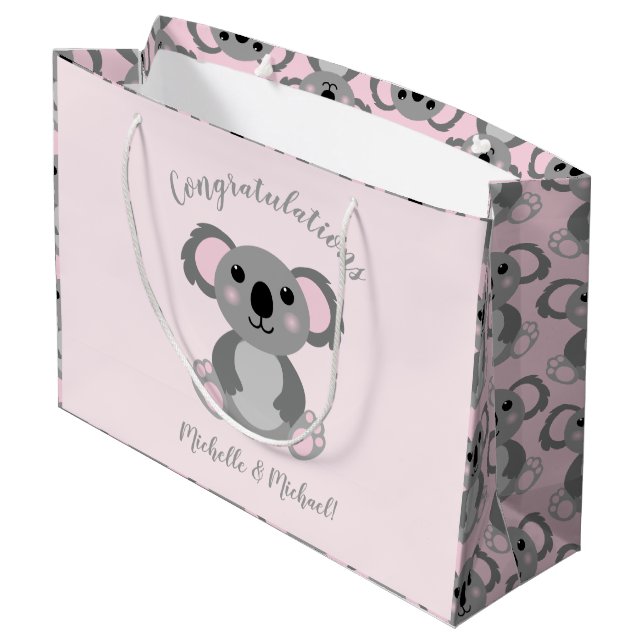 Koala Bear Baby Shower Pink Girl Large Gift Bag (Back Angled)