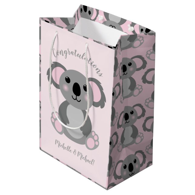 Koala Bear Baby Shower Pink Girl Medium Gift Bag (Back Angled)