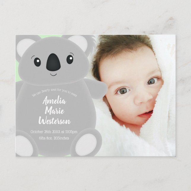 Koala Bear Baby Shower Postcard (Front)