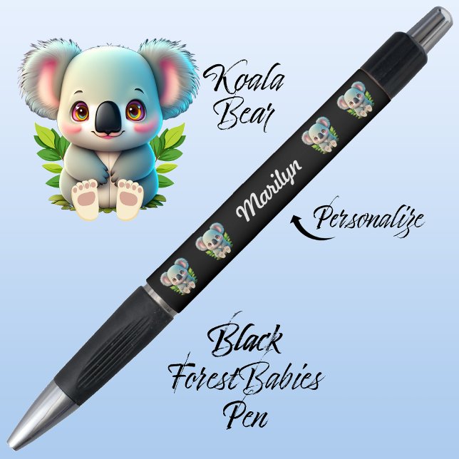 Koala Bear, Cute Whimsical Woodland Animal Black Pen (Cute Whimsical Koala Bear, Australian Animal Cartoon Graphic, Black Customizable ForestBabies Pen 🐨)