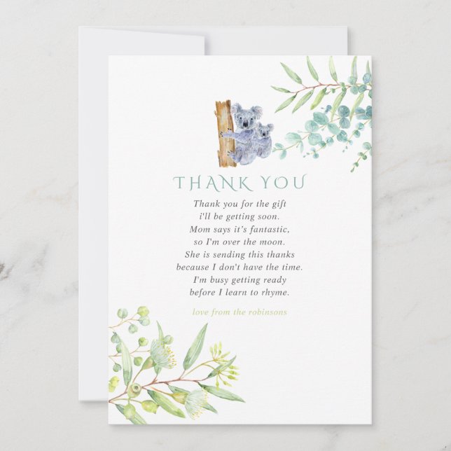 Koala Bear Eucalyptus Leaves Baby Shower Thank You (Front)