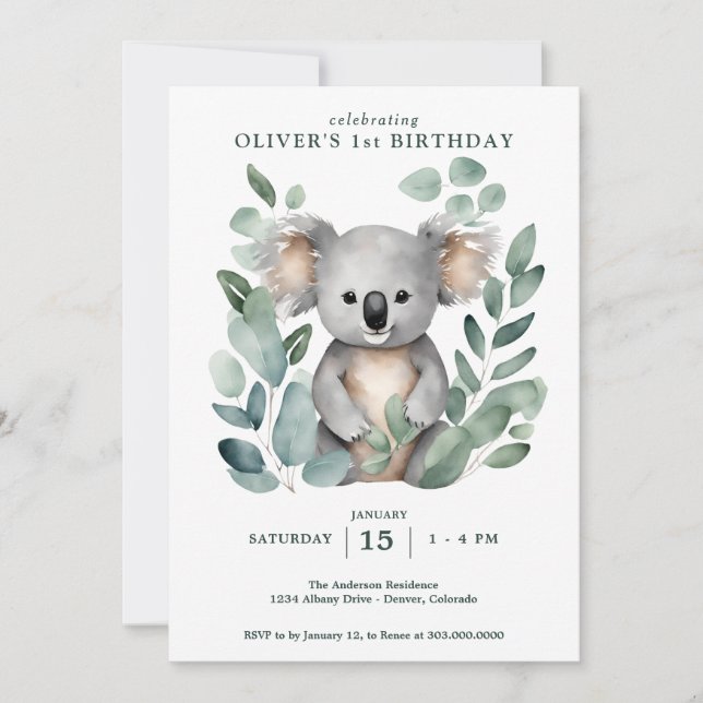 Koala Bear FIrst Birthday  Invitation (Front)
