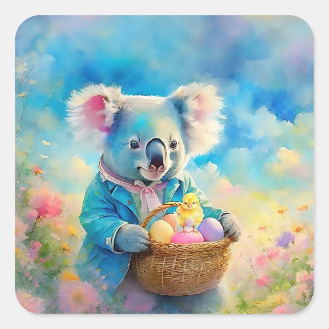 Koala bear holding a basket of Easter eggs Square Sticker (Front)