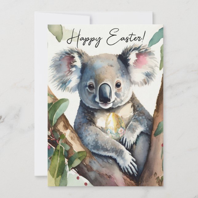 Koala bear holding a gold easter egg holiday card (Front)
