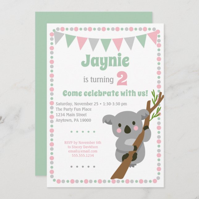 Koala Bear Invitation Cute Birthday Party (Front/Back)