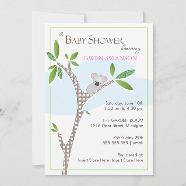 Koala Bear - Invitation de Baby showers filles (Devant)