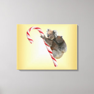 Koala Bear Mum and Joey Climbing Candy Cane Canvas Print