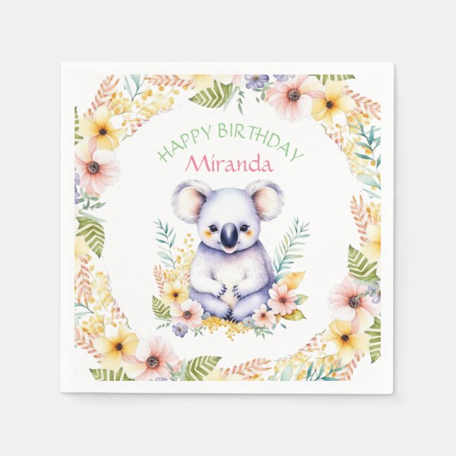 Koala Bear Themed Girl's Happy Birthday Napkin (Front)